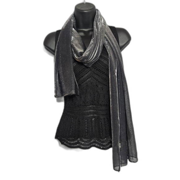 Cejon Liquid Mesh Satin Metalic Retagular Scarf Sheer Black and Silver 16X76" - Picture 1 of 5